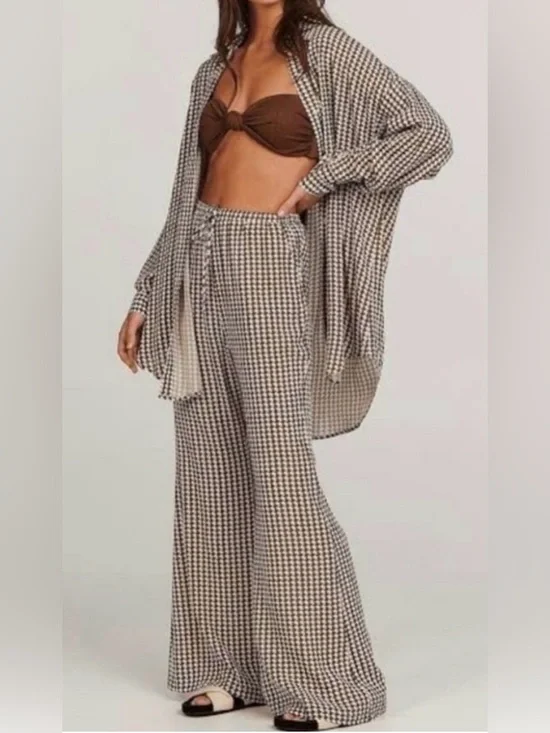 Charlie Holiday Brown & White Houndstooth Wide-Leg Pants - Picture 3 of 8